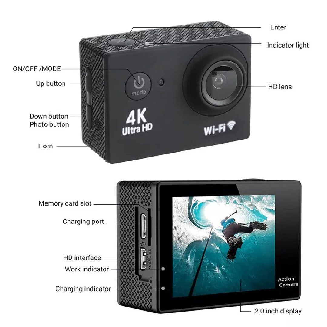 Cámara deportiva 4K Wifi 1080P HD sumergible con accesorios