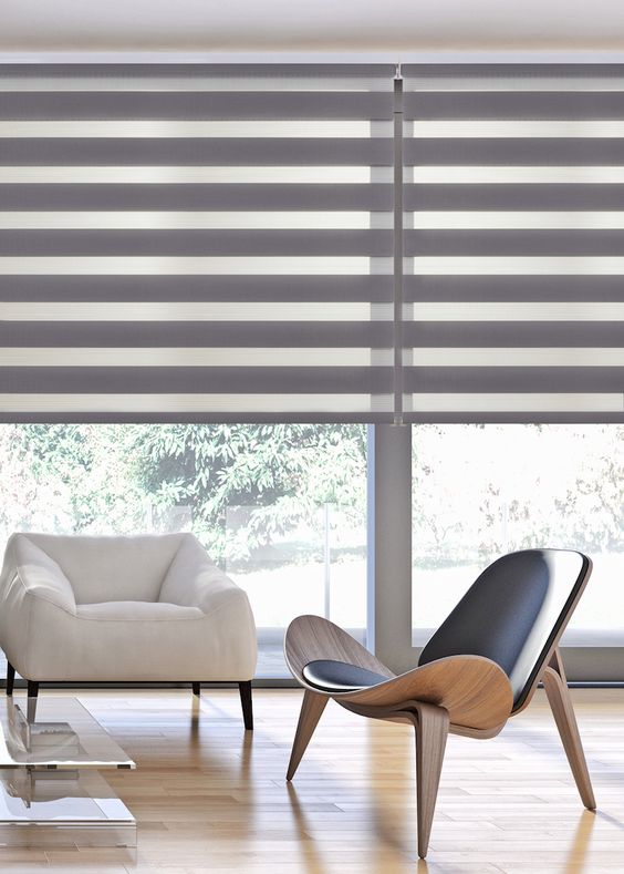 Cortina enrollable elegance maple blanco y plomo