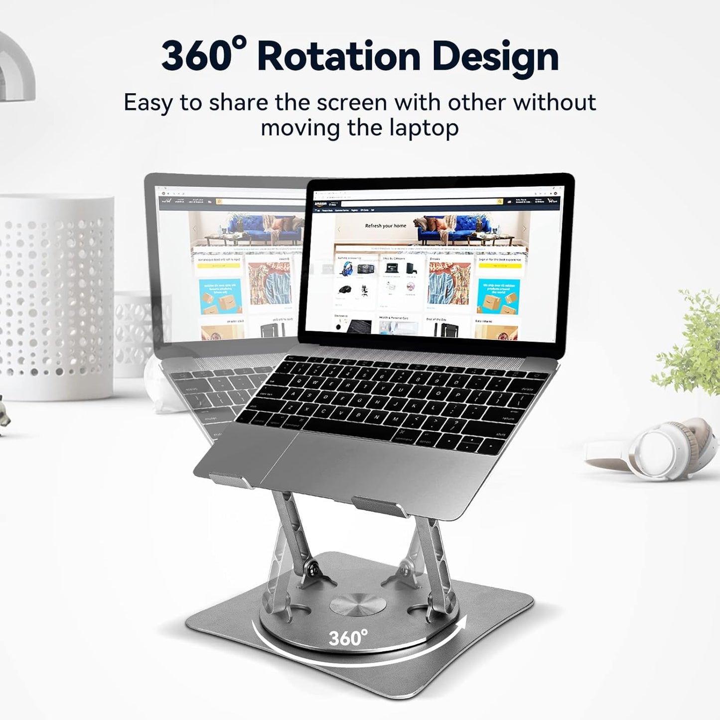 Soporte metálico ajustable para laptop con base giratoria de 360