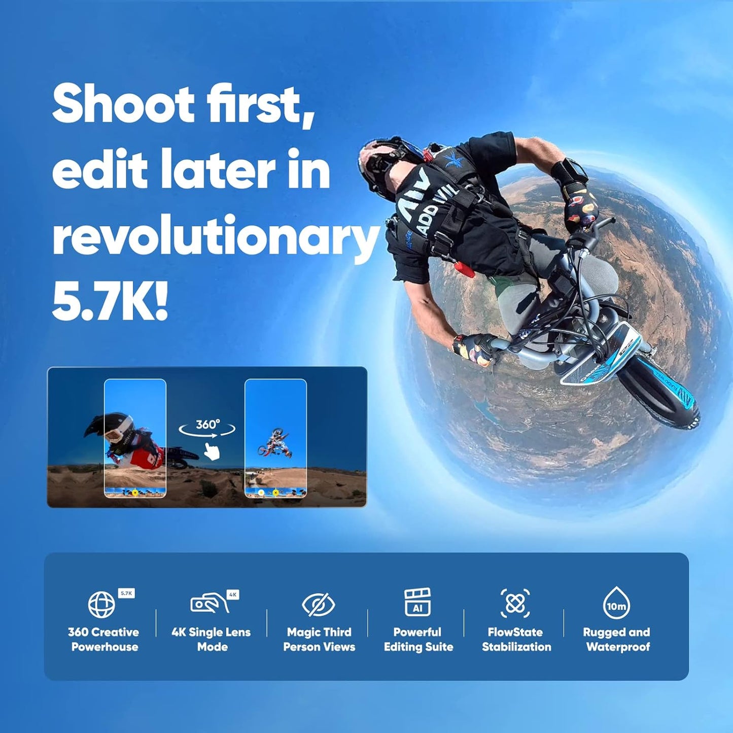 Cámara sumergible Insta 360 X3 con 2 lentes 48MP + 72MP incluye SD 64gb, selfie stick