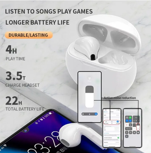 Audífono bluetooth airpods pro 6 con sonido estéreo y diseño ergonómico