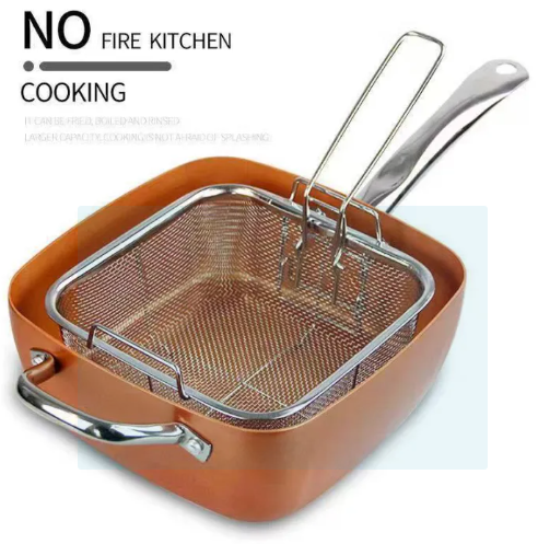 Sartén antiadherente 3en1 con tapa de vidrio, cesta para freír y rejilla para cocinar al vapor