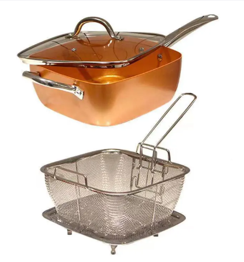 Sartén antiadherente 3en1 con tapa de vidrio, cesta para freír y rejilla para cocinar al vapor