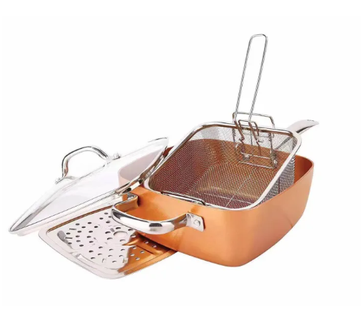 Sartén antiadherente 3en1 con tapa de vidrio, cesta para freír y rejilla para cocinar al vapor