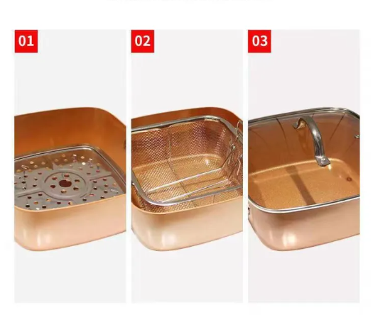 Sartén antiadherente 3en1 con tapa de vidrio, cesta para freír y rejilla para cocinar al vapor