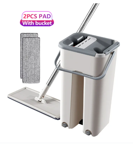 Trapeador plano para pisos con cubo de doble separación con escurridor y rascador