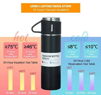 Termo de 500ml máxima eficacia con 3 vasos y dispensador seguro para bebidas