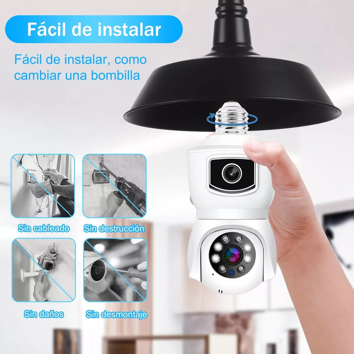 Cámara seguridad bombilla doble lente monitoreo discreto con diseño de foco