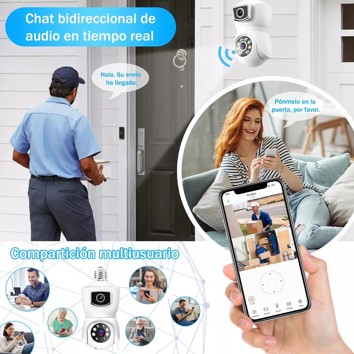 Cámara seguridad bombilla doble lente monitoreo discreto con diseño de foco