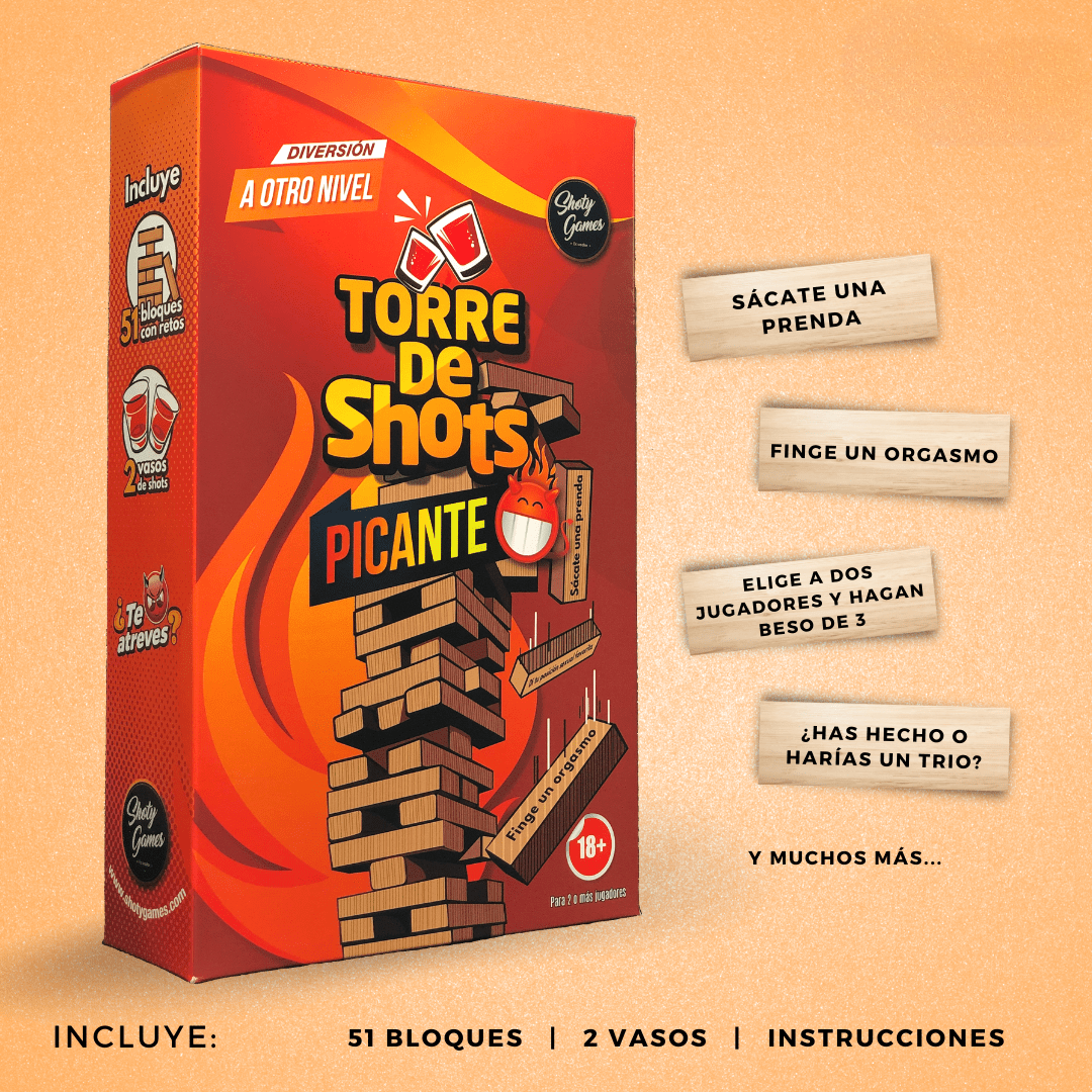 Jenga de 51 bloques y dos vasos, torre de shots con retos picantes +18