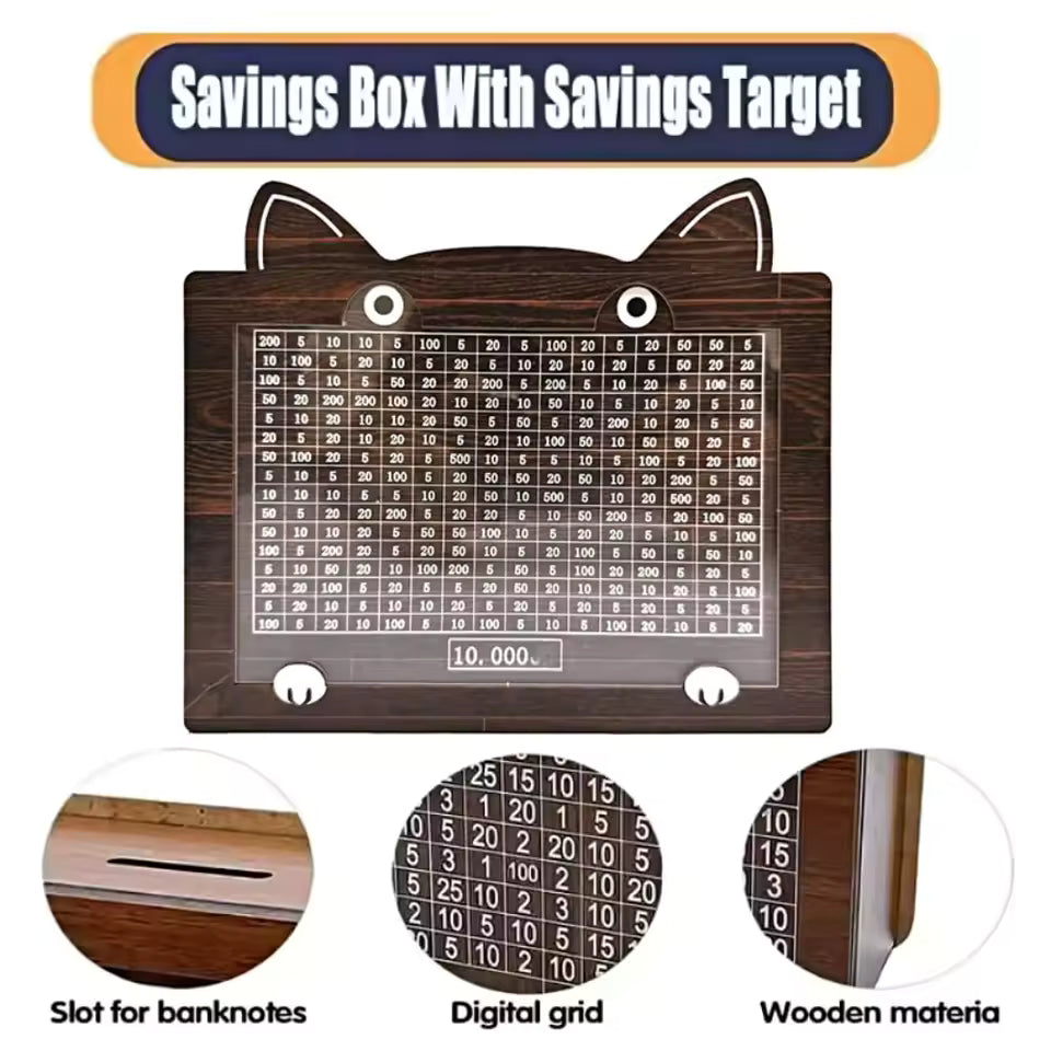 Alcancía Motivadora de Madera para Ahorrar Estilo Gatito + Marcador