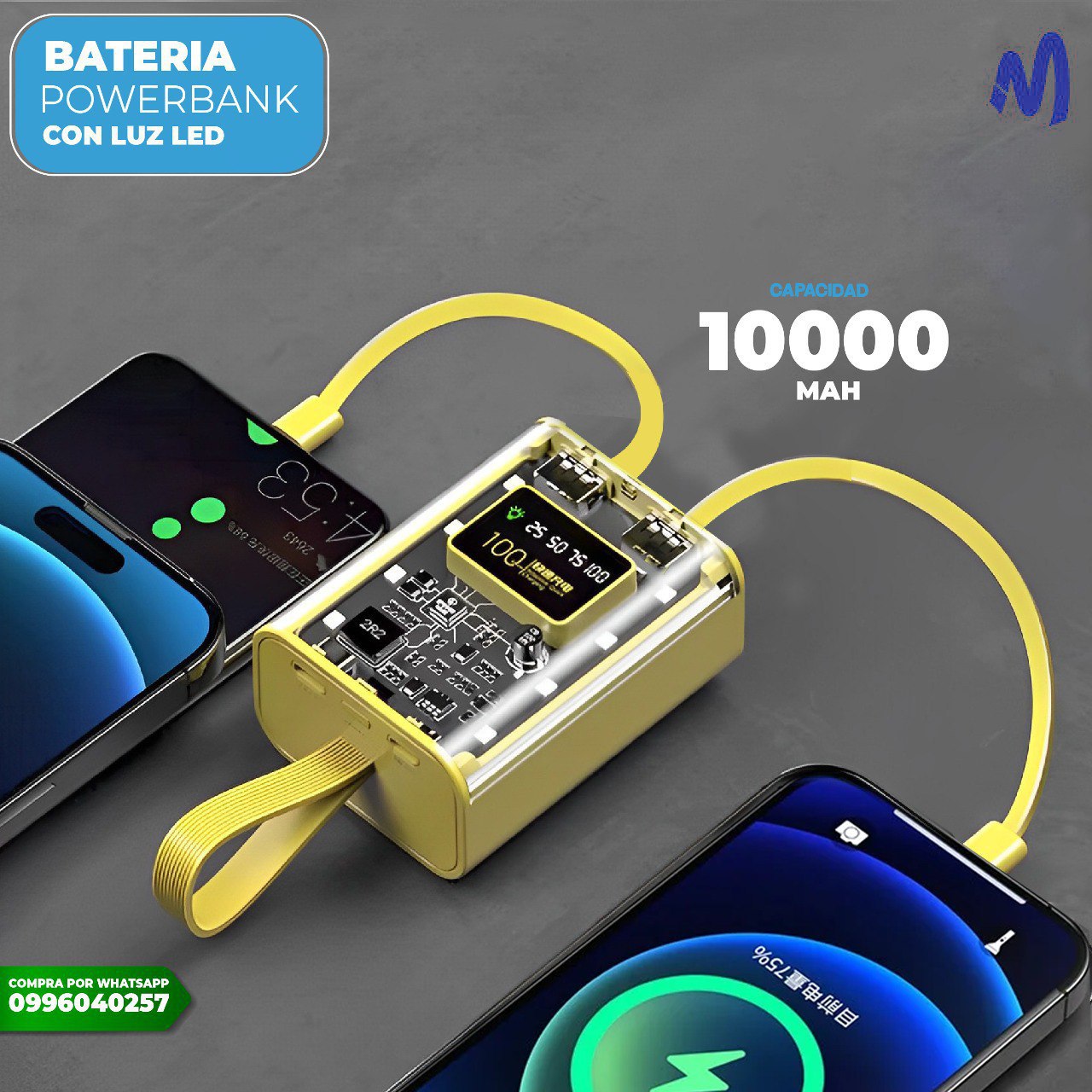 Batería Power Bank Transparente Con Luz LEd 10.000 mAh Carga Rápida