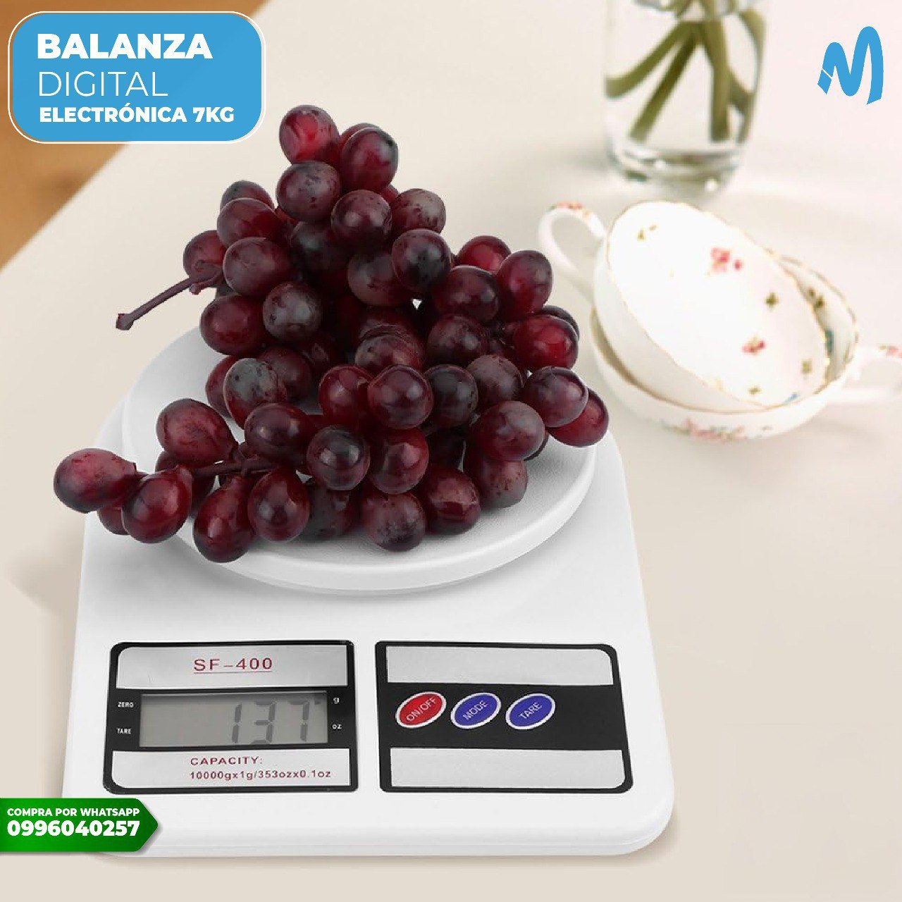 Báscula digital doméstica 7kg de capacidad balanza electrónica pilas gramera