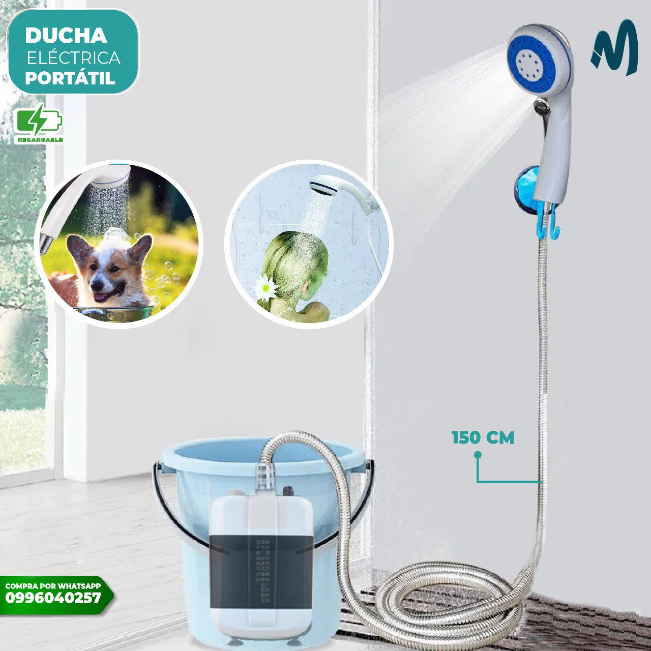 Cabezal ducha portátil recargable 150cm bomba de agua multiuso.