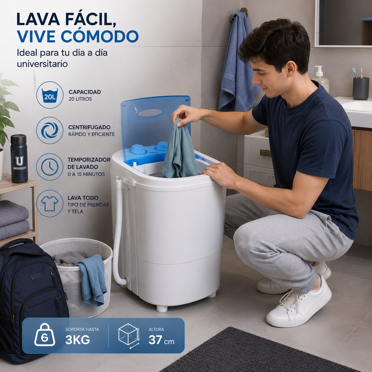 Lavadora Portátil 20L con Centrifugado y Temporizador