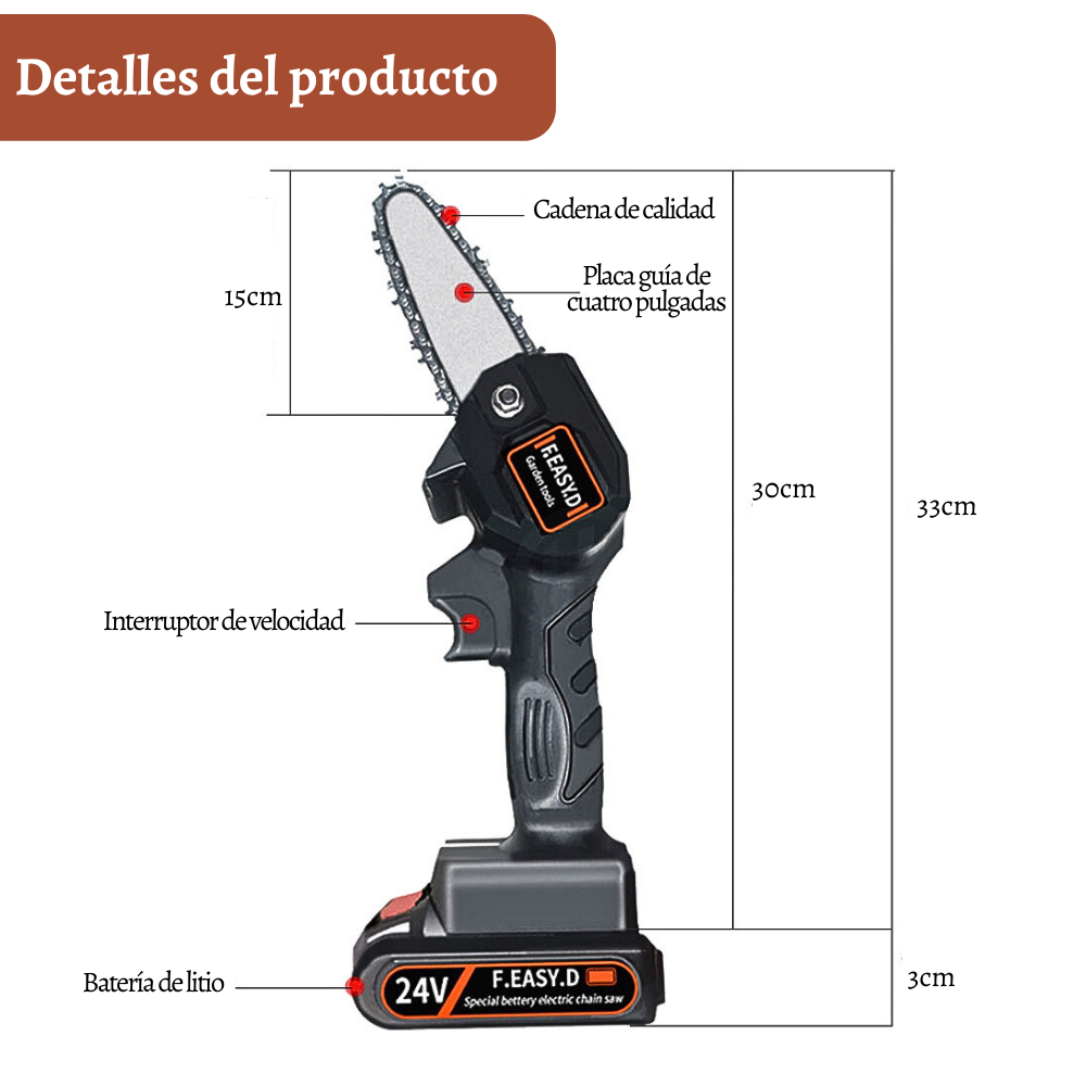 Mini sierra de podar eléctrica 24v 15cm portátil recargable