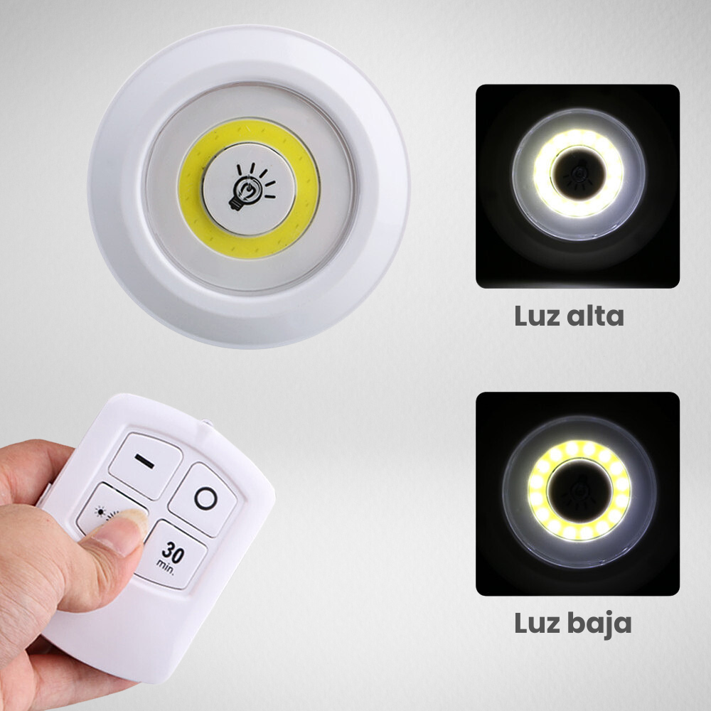Kit 3 focos luz led cálida a pilas AAA + control luces de closet
