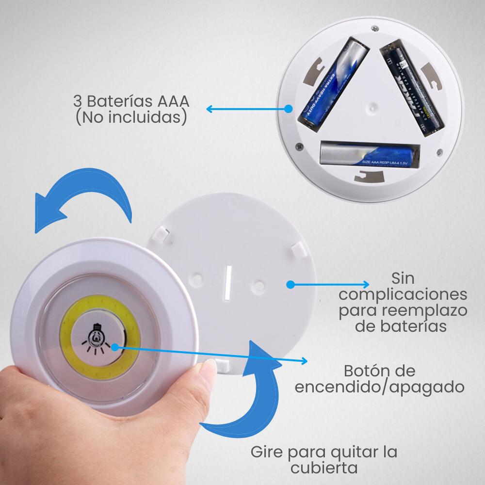 Kit 3 focos luz led cálida a pilas AAA + control luces de closet