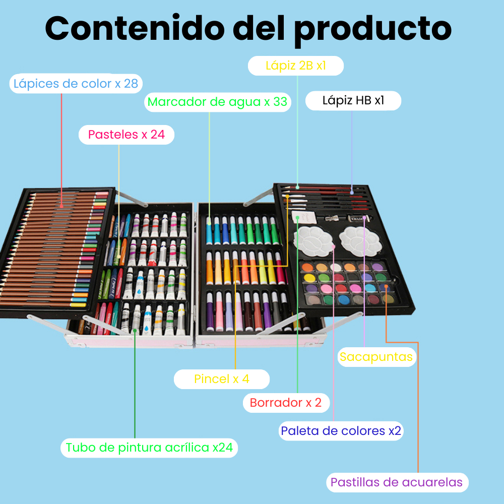 Kit caja de pinturas metal 2 pisos 121 pzs caja de arte para niños