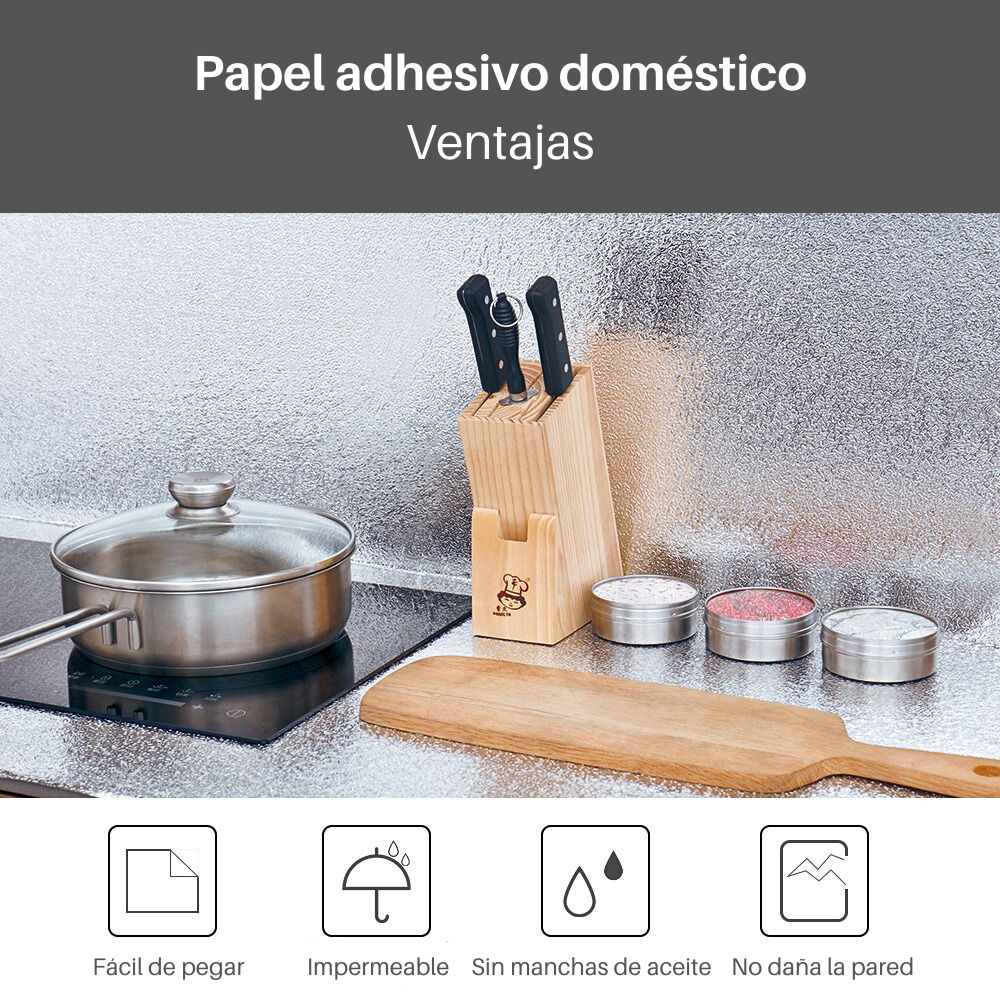 Papel adhesivo aluminio para cocina 40x300cm vinilo impermeable
