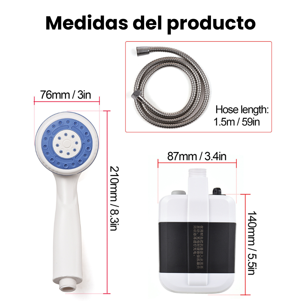 Cabezal ducha portátil recargable 150cm bomba de agua multiuso.
