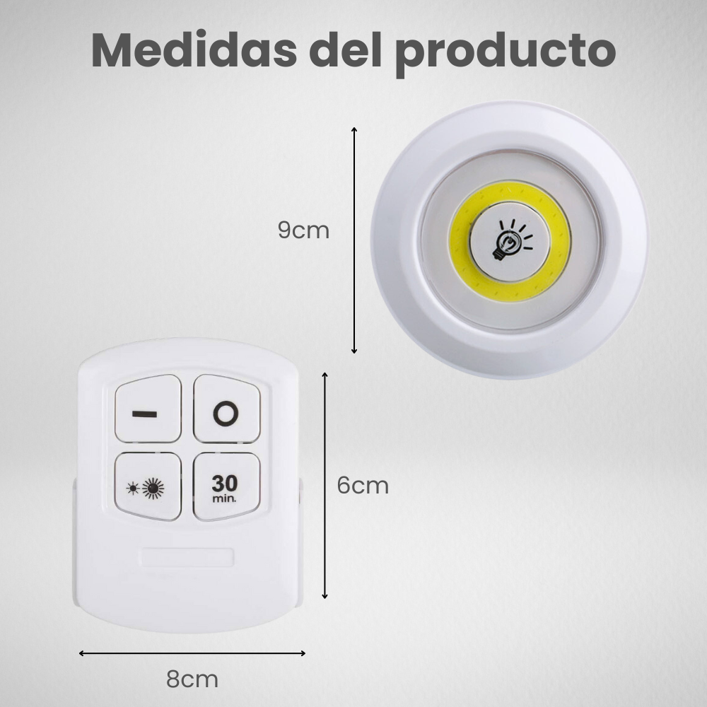Kit 3 focos luz led cálida a pilas AAA + control luces de closet