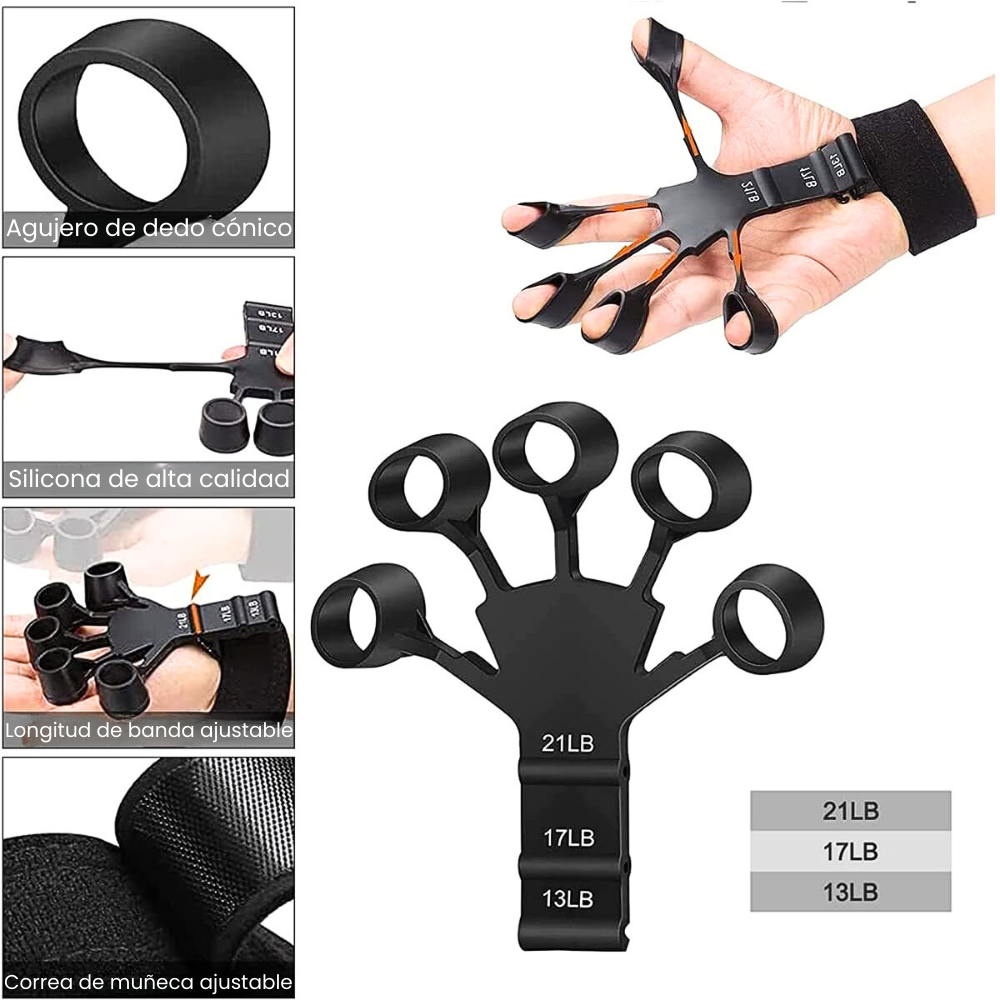 Ejercitador de mano regulable 9.5kg/21lb gripster fortalecedor de dedos silicona