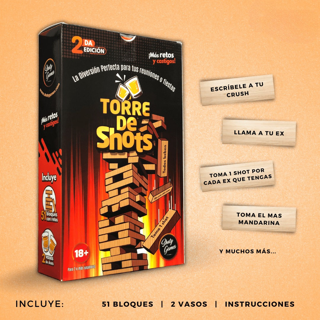 Jenga de 51 bloques y dos vasos, Torre de Shots – Normal +18