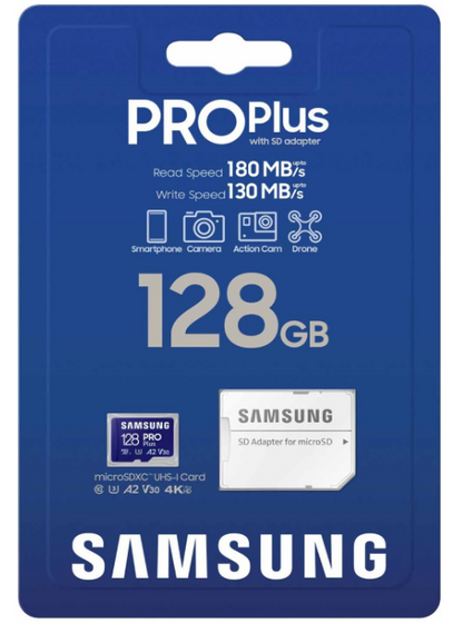 Tarjeta de memoria microSD PRO Plus + adaptador, 128 GB, Full HD y 4K