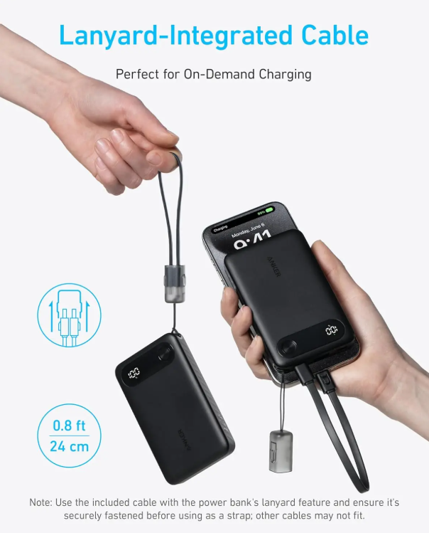 Anker Power Bank 10.000 mAh Cargador Portátil con cable de USB-C incorporado