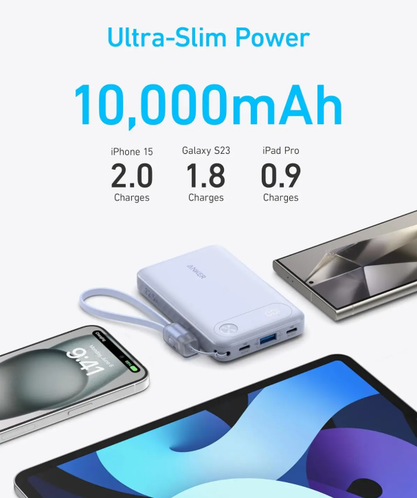 Anker Power Bank 10.000 mAh Cargador Portátil con cable de USB-C incorporado