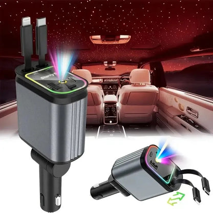 Cargador de Vehículo 5 en 1 con Cables Retráctiles + Proyector