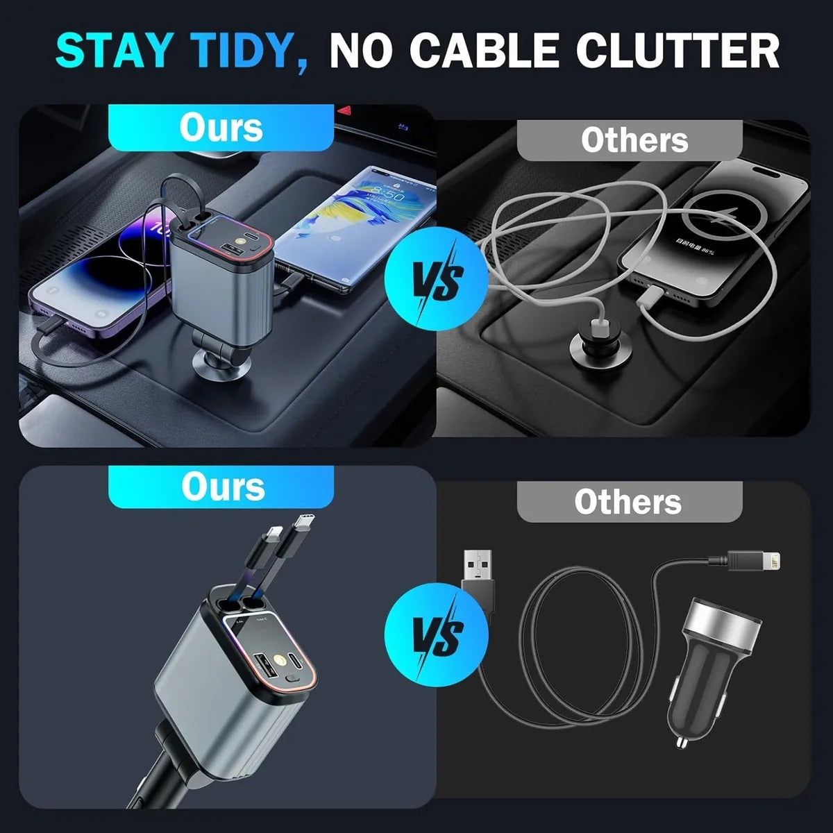 Cargador de Vehículo 5 en 1 con Cables Retráctiles + Proyector