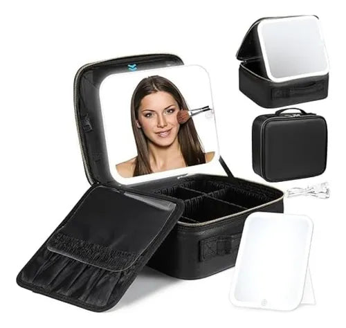 Estuche Viajero Organizador Maquillaje Con Espejo Luz Led Recargable
