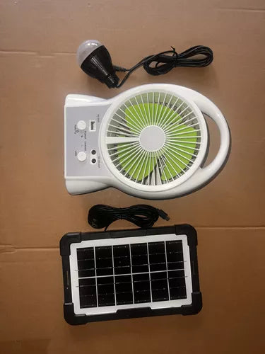 Ventilador recargable multifuncion + foco y panel solar