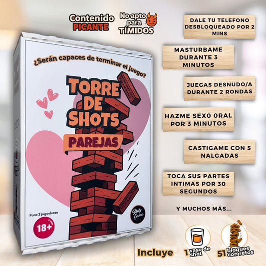 Jenga de 51 bloques y un vaso, Torre de Shots – Parejas +18