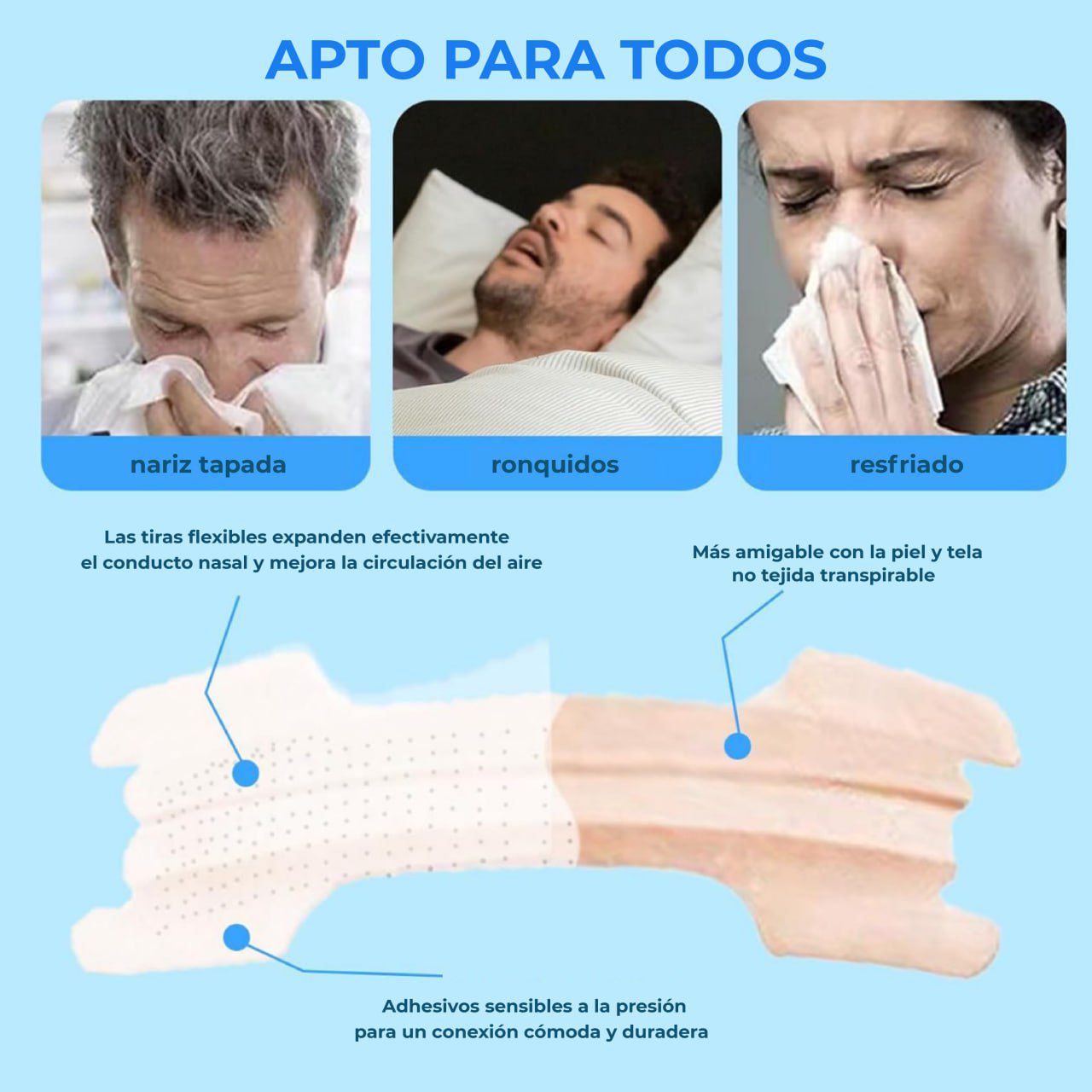 Tiras Nasales Antirronquidos Respiración Libre y Sueño Profundo 30 pcs