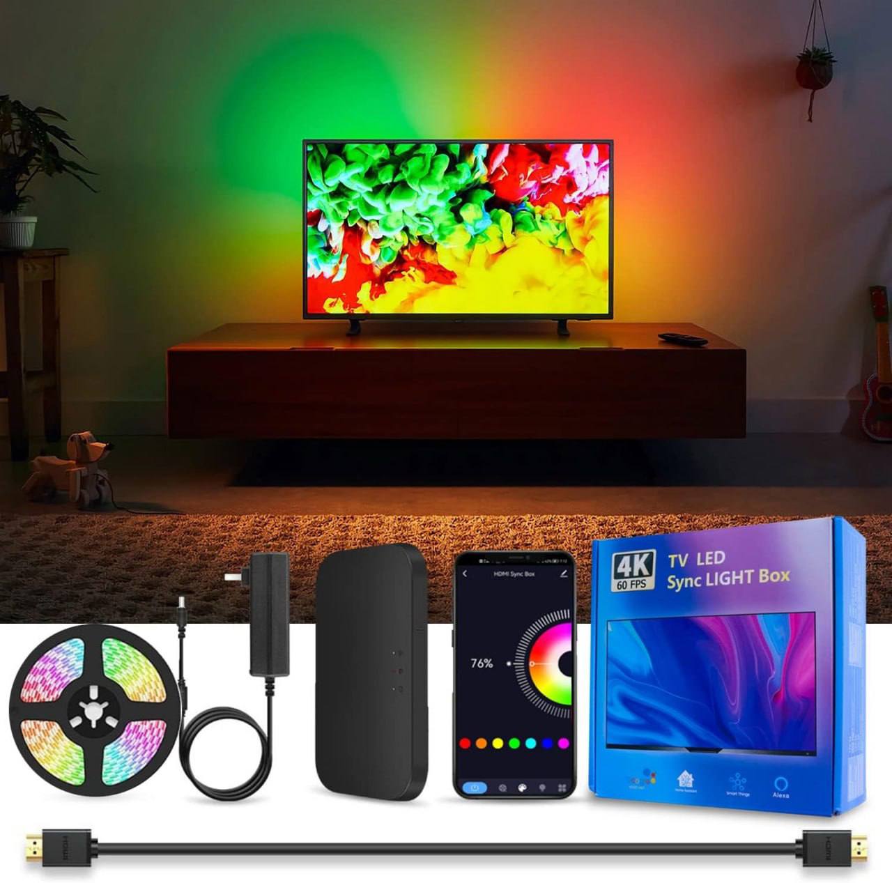Cinta LED RGB Inmersión para TV HDMI hasta 85" con App, Bluetooth, Alexa y Google
