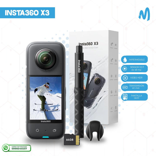 Cámara sumergible Insta 360 X3 con 2 lentes 48MP + 72MP incluye SD 64gb, selfie stick