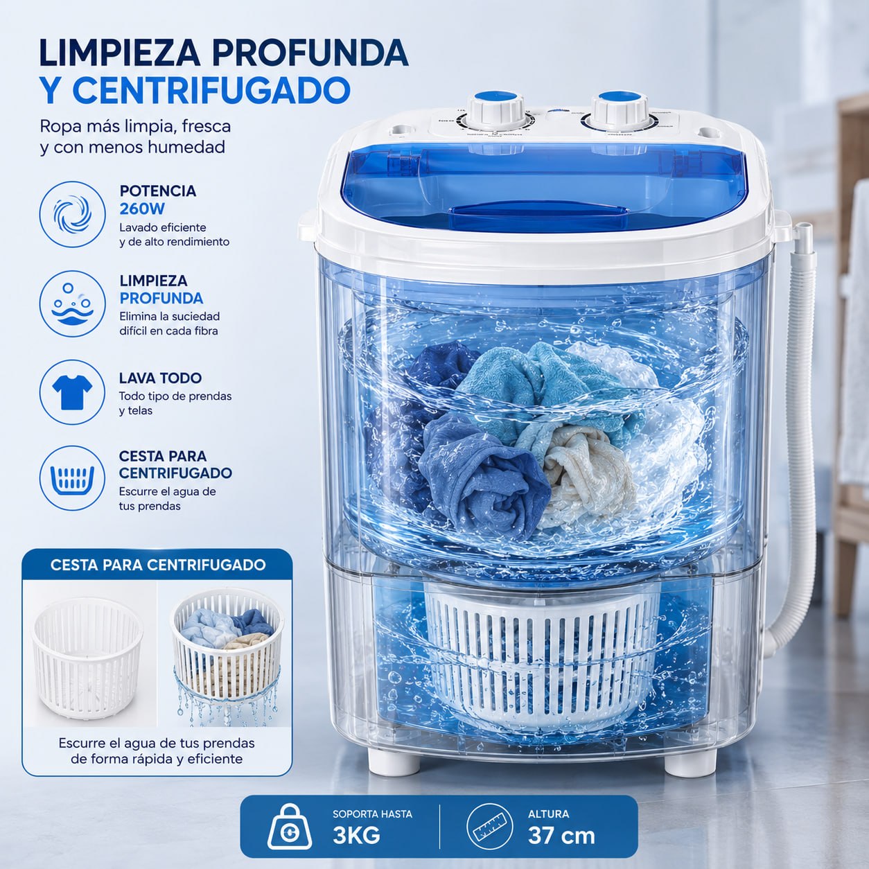 Lavadora Portátil 20L con Centrifugado y Temporizador