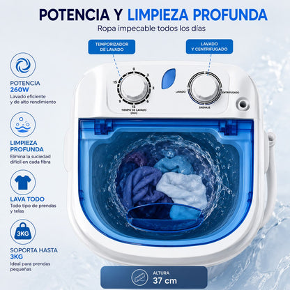 Lavadora Portátil 20L con Centrifugado y Temporizador