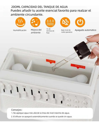 Difusor Humidificador Ambiental con 8 Sonidos Relajantes + Parlante Bluetooth
