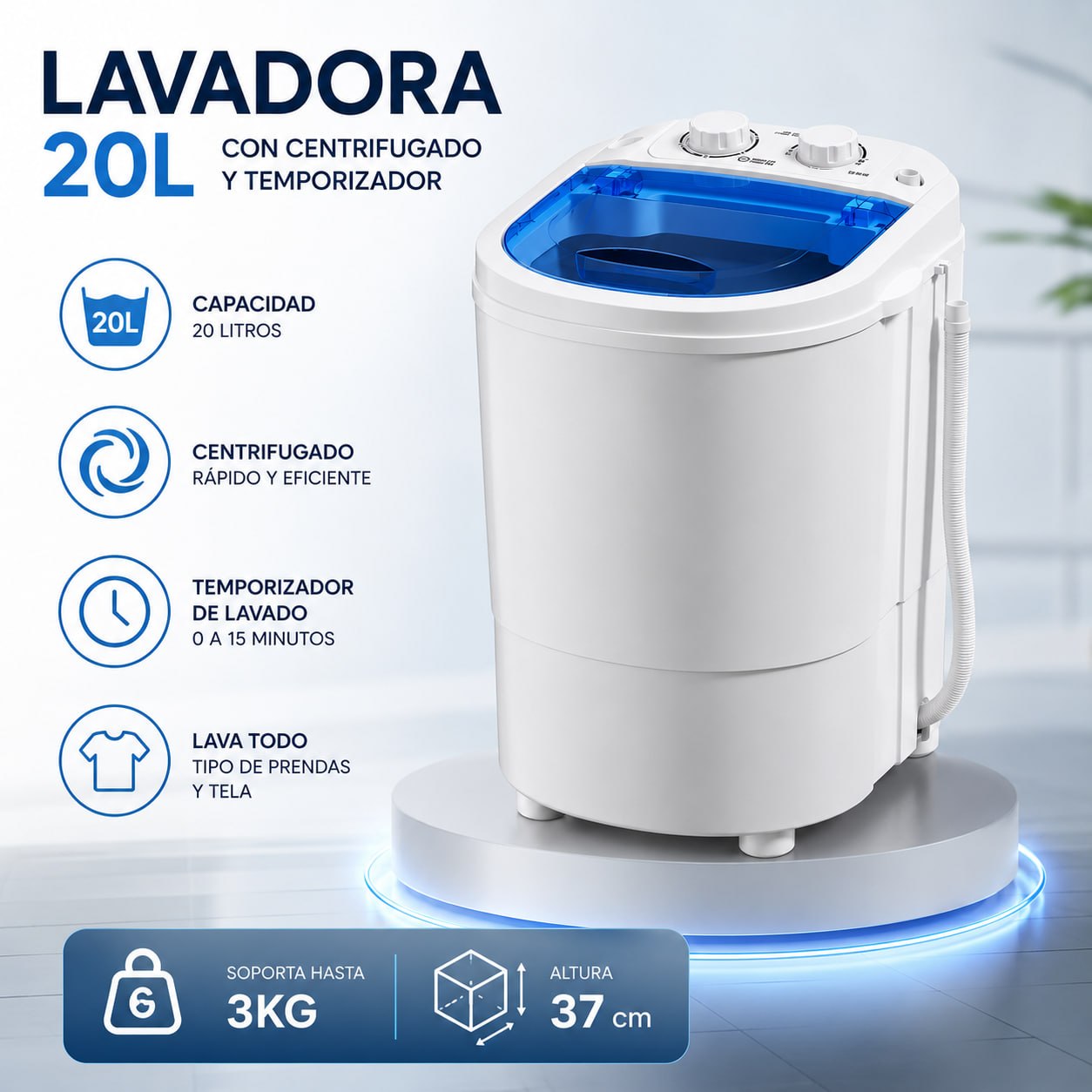 Lavadora Portátil 20L con Centrifugado y Temporizador