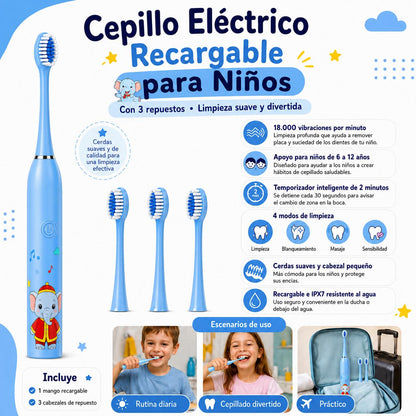 Cepillo de Dientes Eléctrico para Niños Recargable, Tecnología 5D e Impermeable IPX7