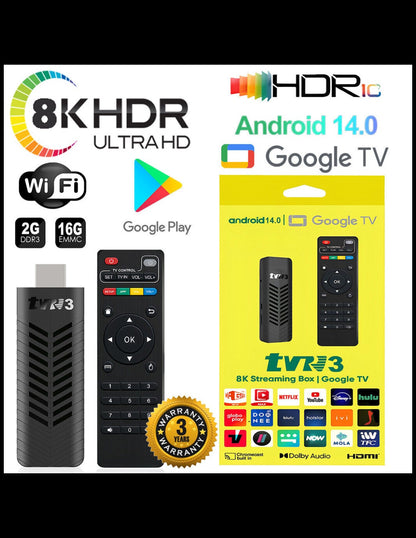 TV STICK TVR3 ANDROID 14, 1+4GB, PROCESADOR 1.2GHZ TV GRATIS