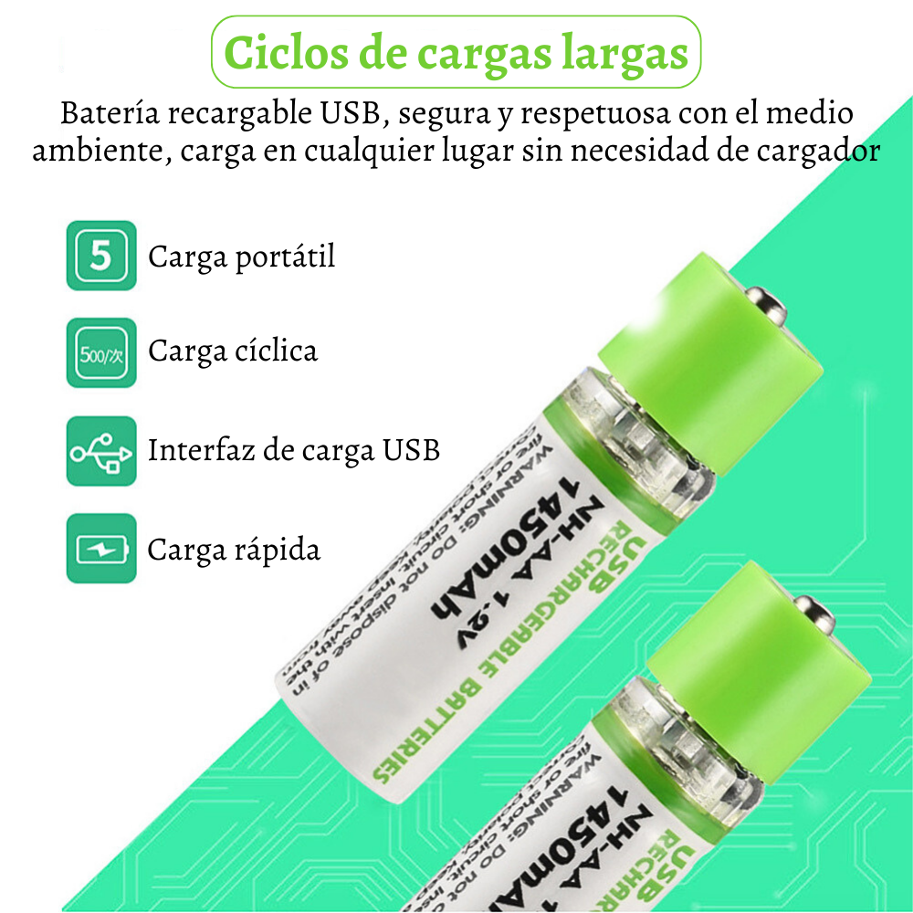 Pilas recargables usb AA 1450 mAh baterías domésticas 1.2v