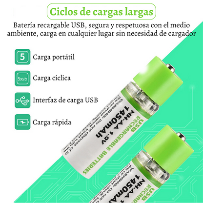 Pilas recargables usb AA 1450 mAh baterías domésticas 1.2v